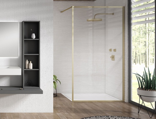 Product Lifestyle image of the Aquaglass Velar Brass Framed Shower Enclosure